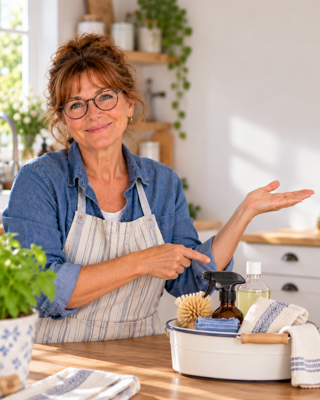 Esther wijst naar een mand met schoonmaakspullen