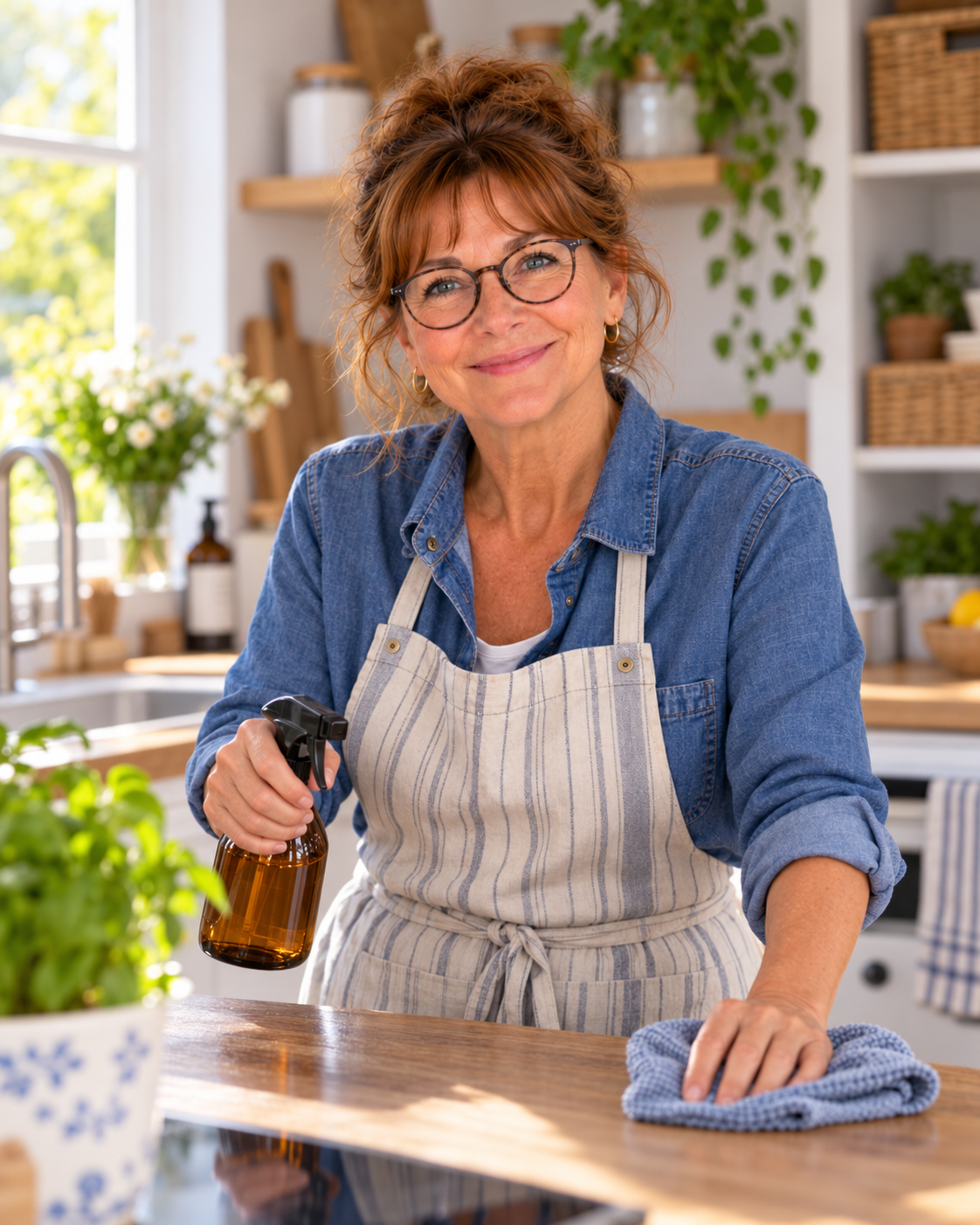 Esther met een sprayfles en schoonmaakdoek in de keuken